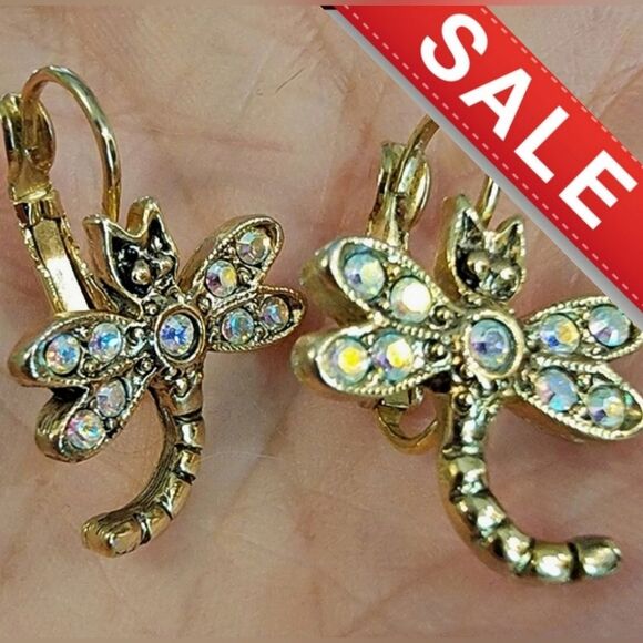 Kirks Folly Gold Dragonfly Pierced Earrings with Iridescent AB Crystal Accents - Picture 1 of 6